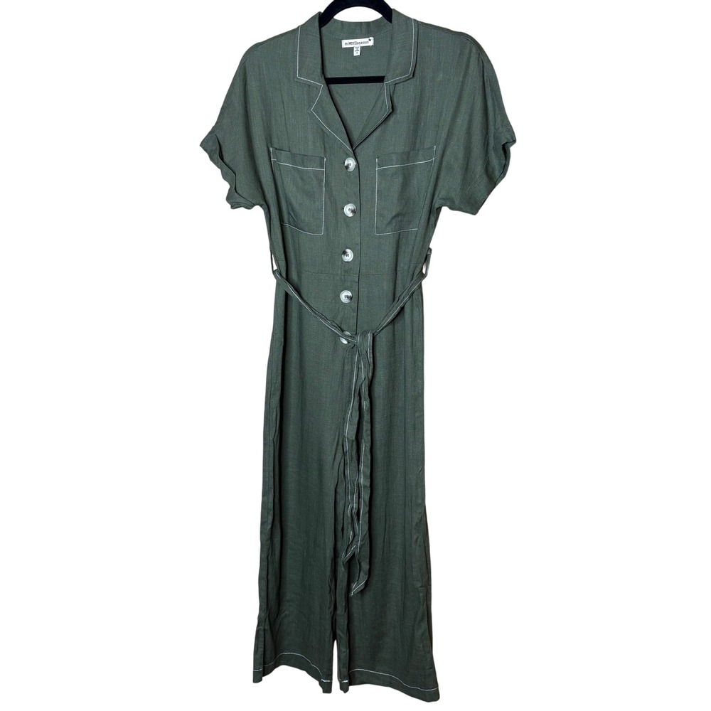 Miscellaneous Women's Linen Blend Olive Short Sleeve Button Jumpsuit Sz Small